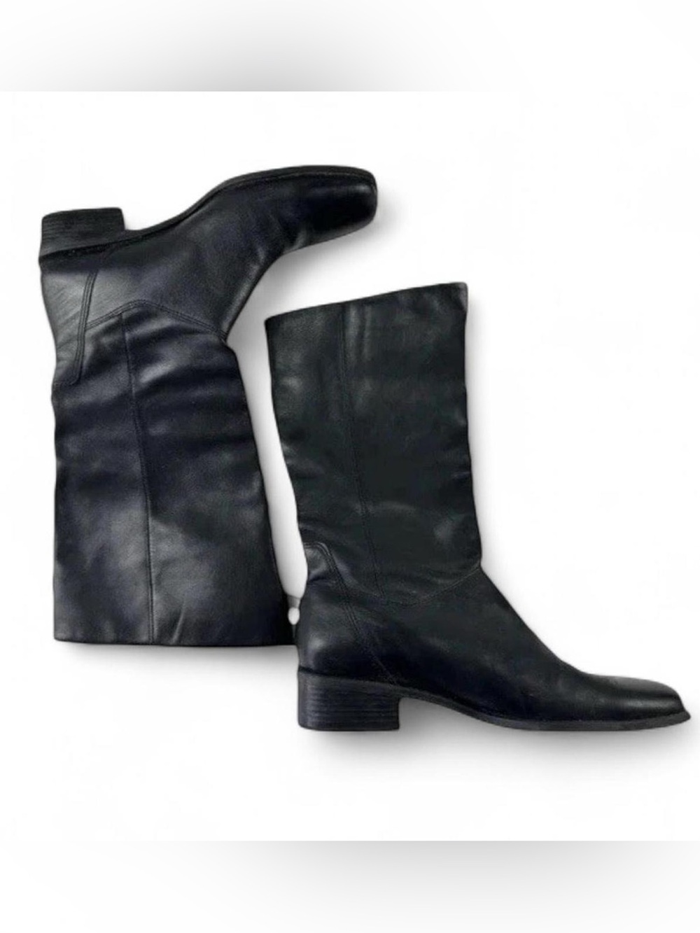 Y2k mid calf Black Leather square toe Boots size 9 low heel